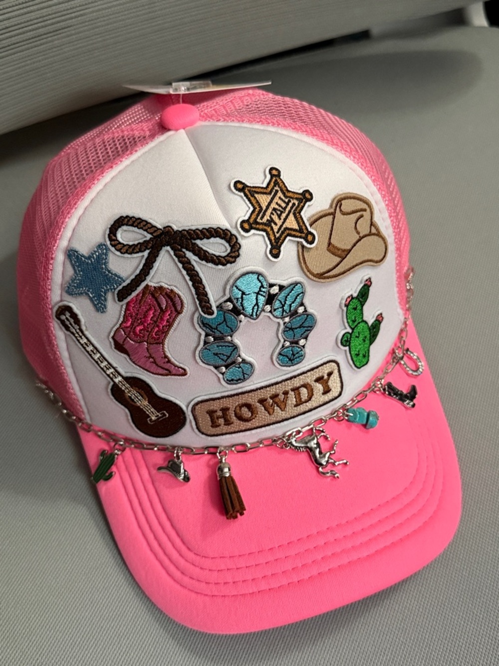 Pink Western Patchwork 'Howdy' Trucker Hat with Charms NWT